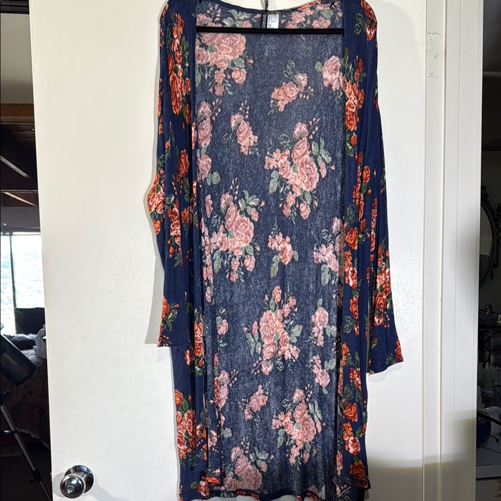 Divided Blue Orange Floral Knit Cardigan Duster Kimono Lightweight Size Large